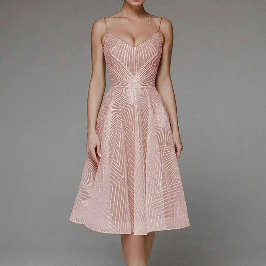 Odessa | Geometric Sequin V-Neck Womens Pleated Midi Dress with Straps