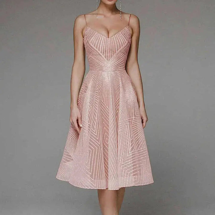 Odessa | Geometric Sequin V-Neck Womens Pleated Midi Dress with Straps