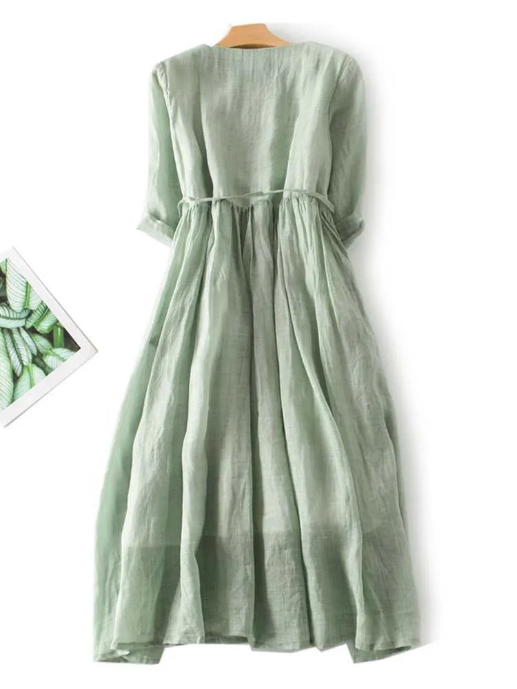Linnea | Ruffle-Front Linen Womens Pleated Midi Dress with Tie Waist
