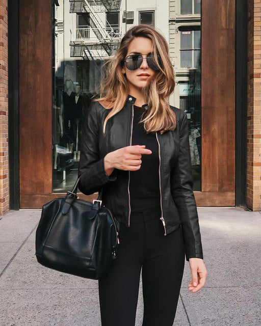 Zenna | Collarless Slim Fit Leather Jacket with Rose Gold Zip Detail