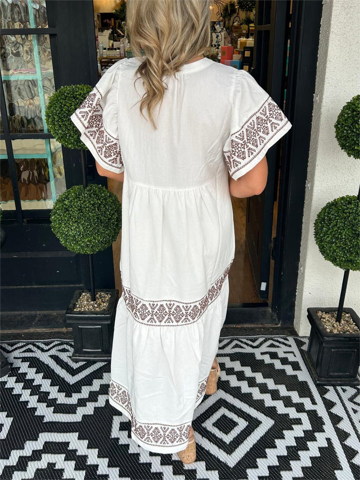 Kalinda | Tribal Embroidered Tiered Maxi Boho Dress