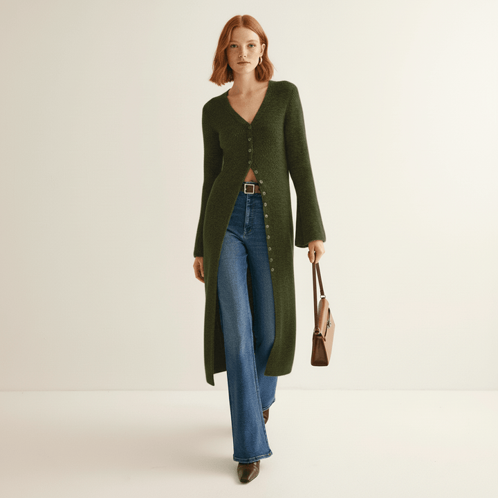 Lisann | Maxi Length Button-Through V-Neck Cardigan