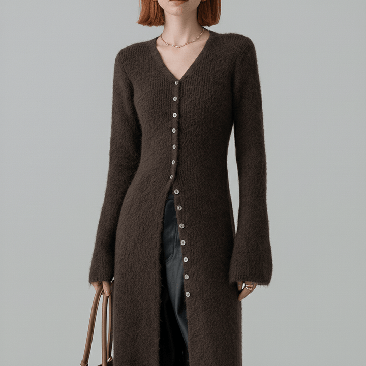 Lisann | Maxi Length Button-Through V-Neck Cardigan