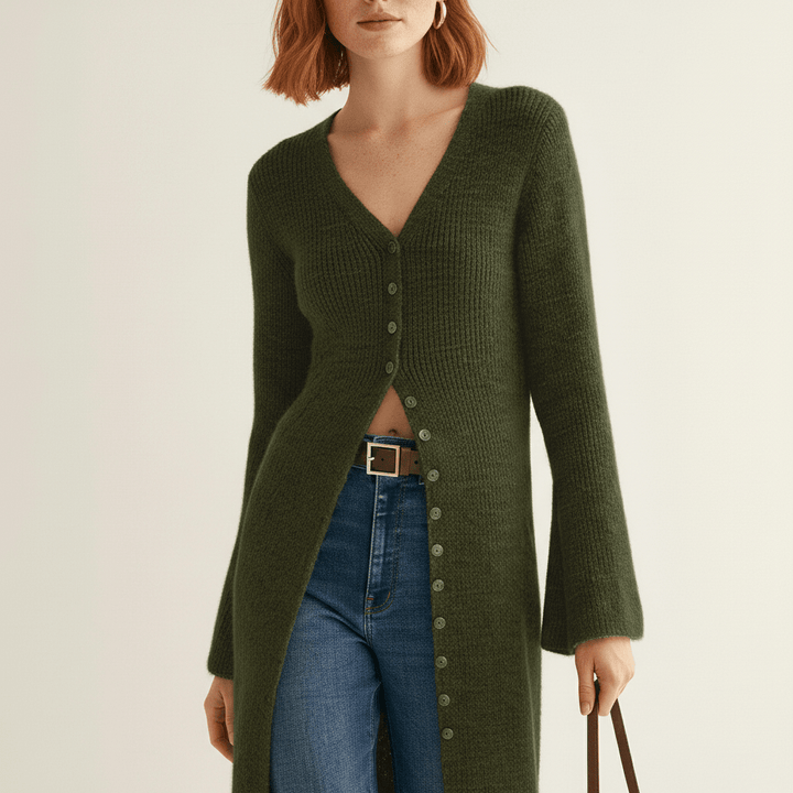 Lisann | Maxi Length Button-Through V-Neck Cardigan