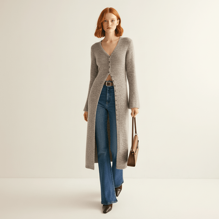 Lisann | Maxi Length Button-Through V-Neck Cardigan