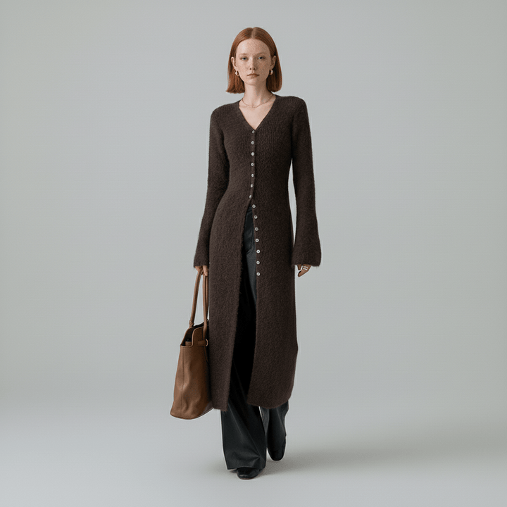 Lisann | Maxi Length Button-Through V-Neck Cardigan