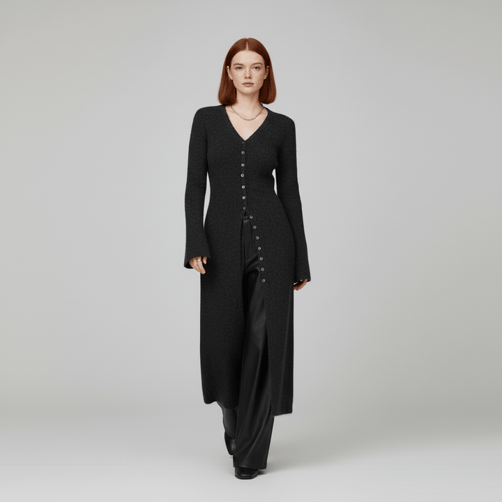 Lisann | Maxi Length Button-Through V-Neck Cardigan