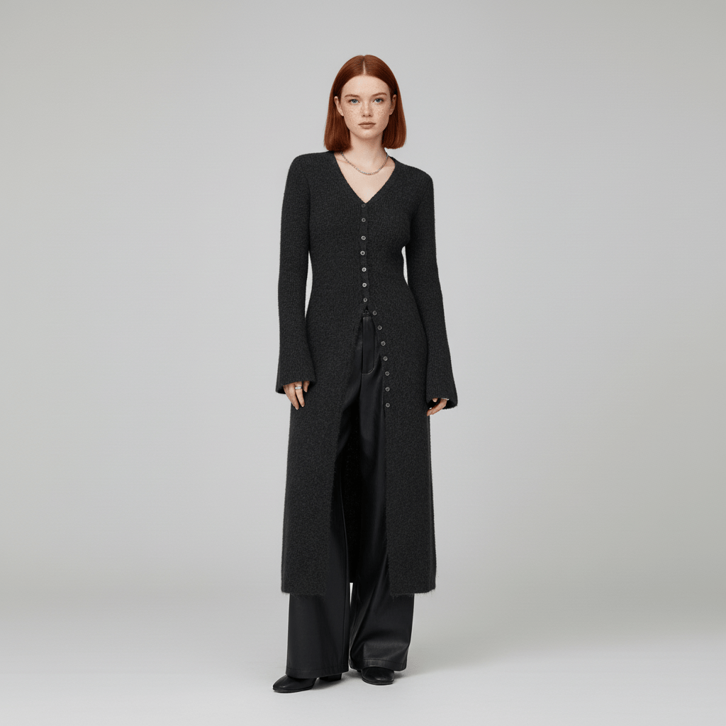 Lisann | Maxi Length Button-Through V-Neck Cardigan