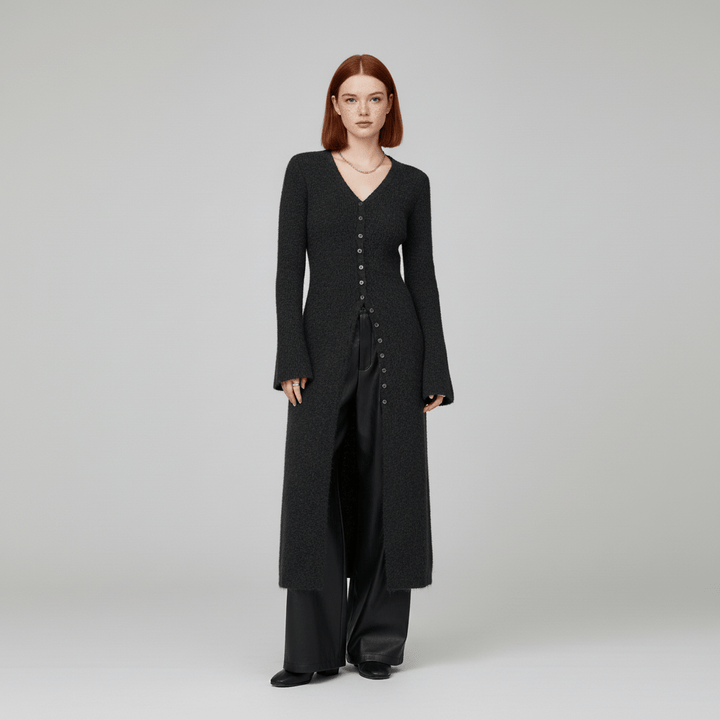 Lisann | Maxi Length Button-Through V-Neck Cardigan