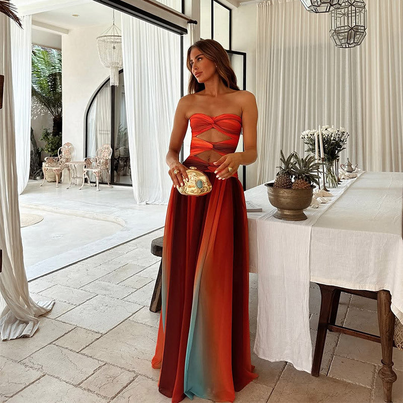 Solara | Strapless Ombre Cut-Out Twist Chiffon Maxi Formal Dress
