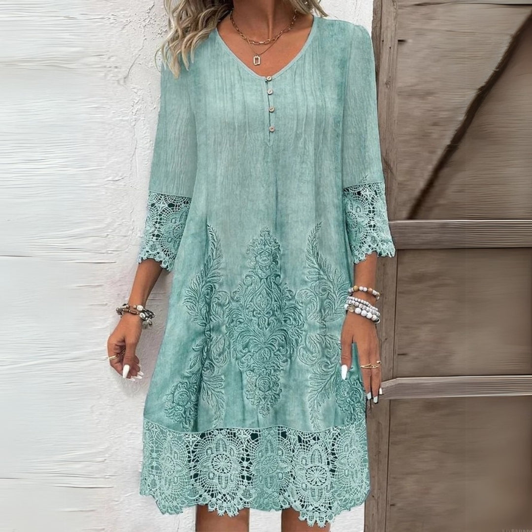 Celeste | Baroque Print Lace Trim Midi Dress