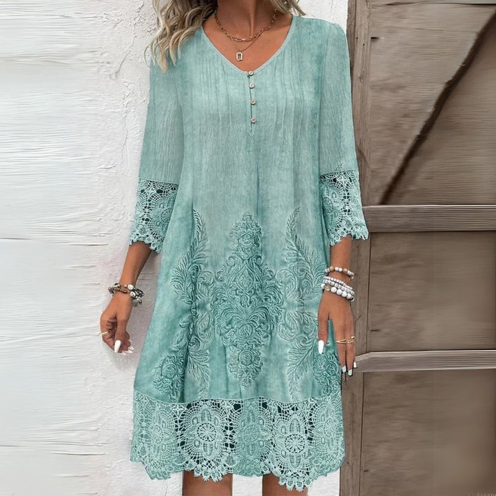 Celeste | Baroque Print Lace Trim Midi Dress