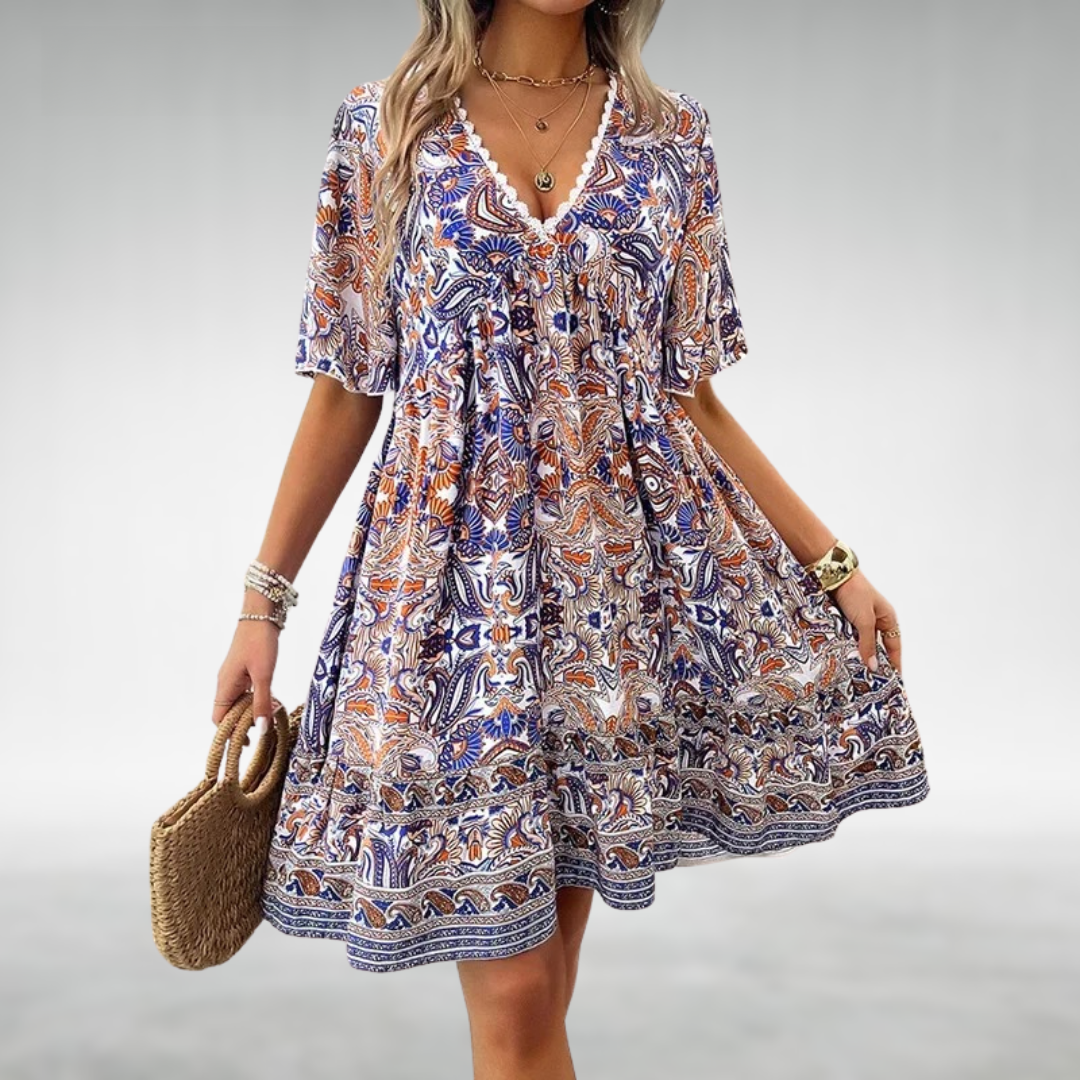 Madilyn | Paisley Print Lace Trim V-Neck Boho Dress