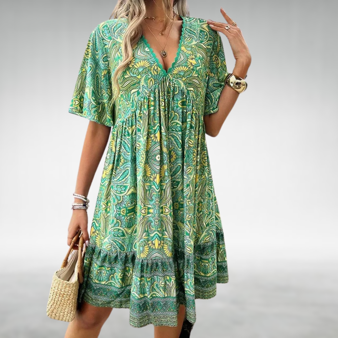 Madilyn | Paisley Print Lace Trim V-Neck Boho Dress