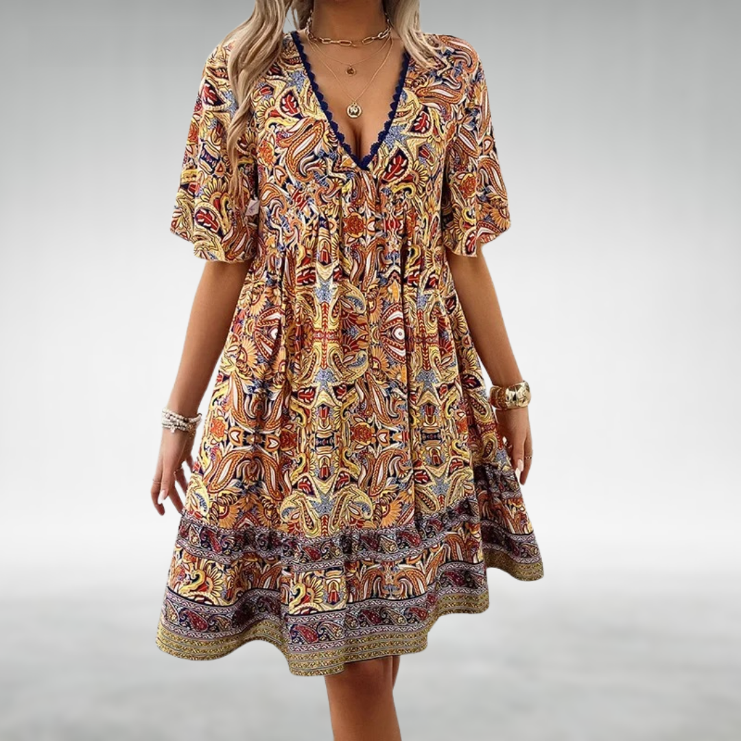 Madilyn | Paisley Print Lace Trim V-Neck Boho Dress