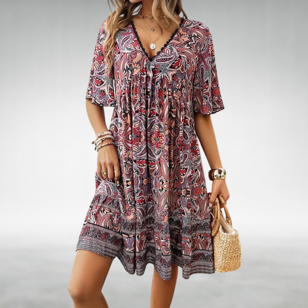 Madilyn | Paisley Print Lace Trim V-Neck Boho Dress