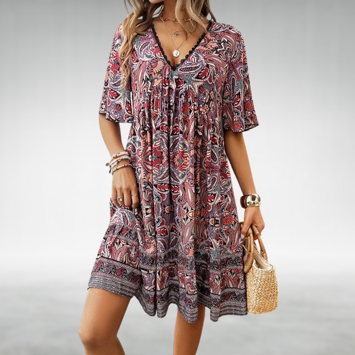 Madilyn | Paisley Print Lace Trim V-Neck Boho Dress