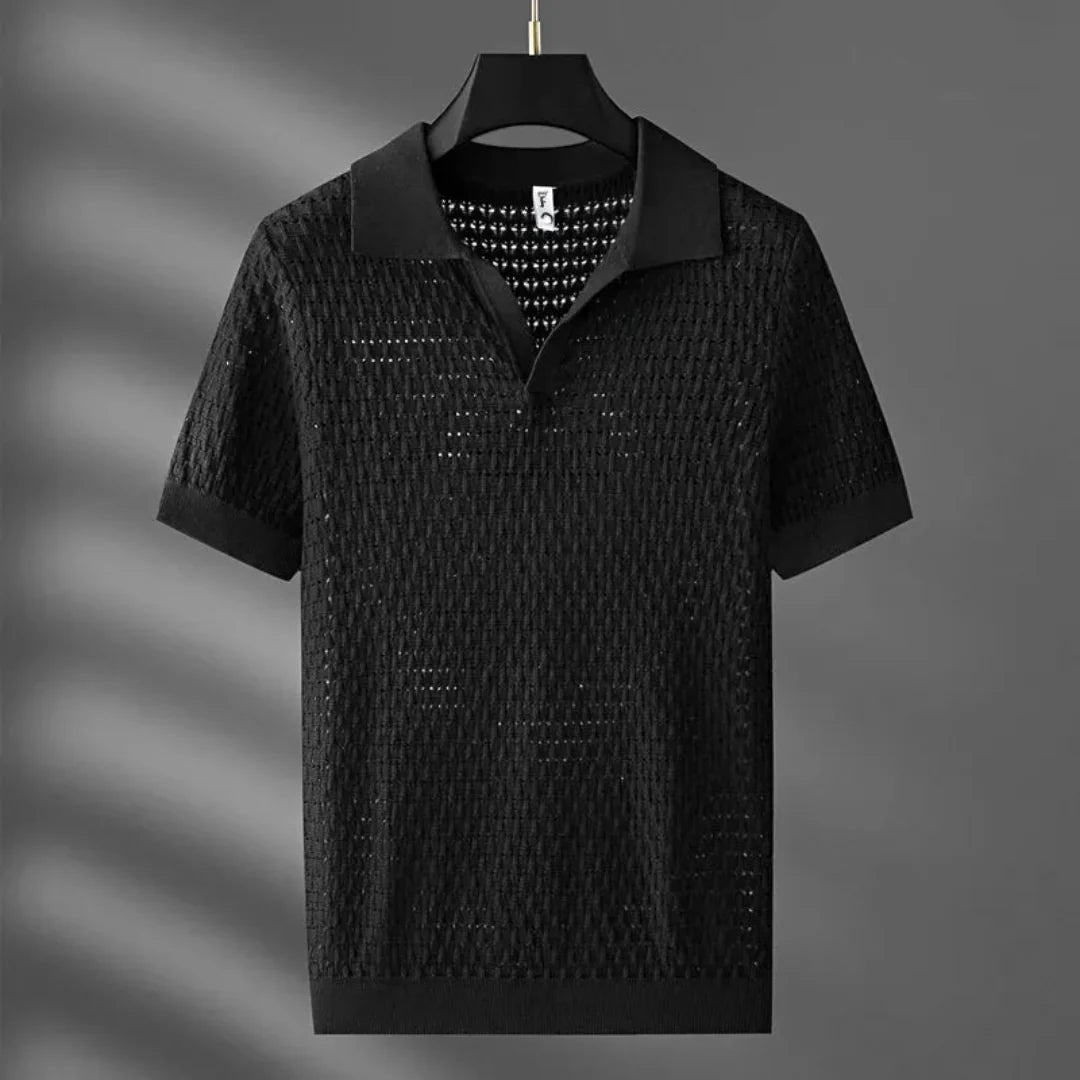 Marco | Textured Mesh Knit Open Collar Polo Mens T Shirt