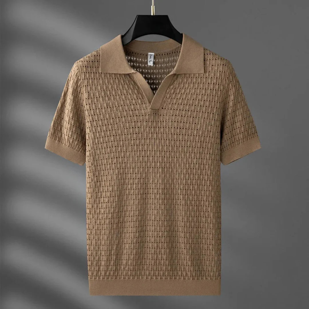 Marco | Textured Mesh Knit Open Collar Polo Mens T Shirt