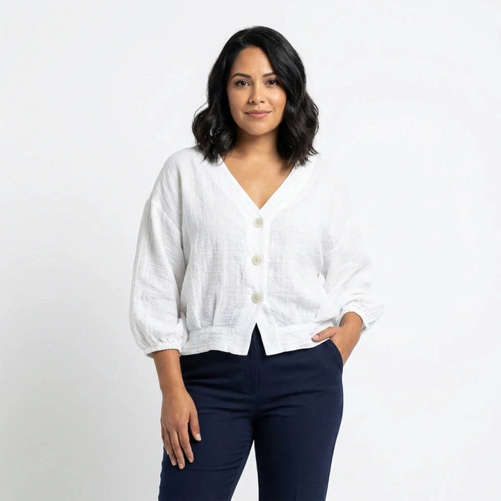 Marlen | V Neck Balloon Sleeve Button Linen Womens Blouse