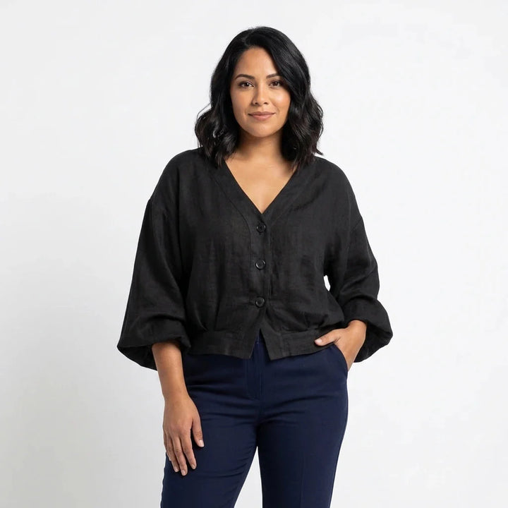 Marlen | V Neck Balloon Sleeve Button Linen Womens Blouse