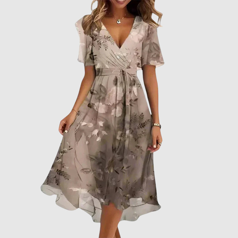 Martha | Ditsy Floral Wrap Womens Pleated Midi Dress with Flutter Sleeves