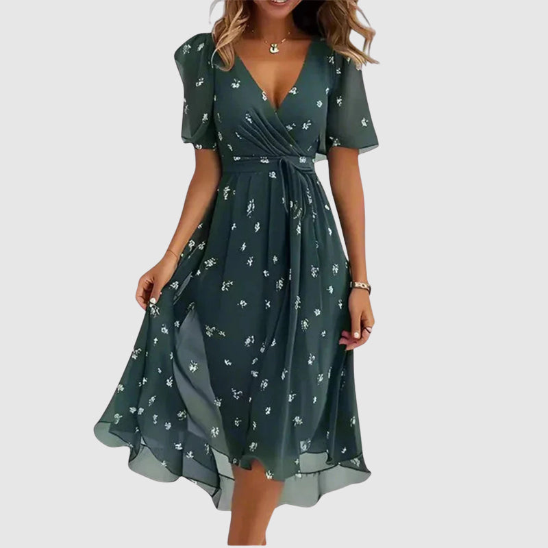 Martha | Ditsy Floral Wrap Womens Pleated Midi Dress with Flutter Sleeves