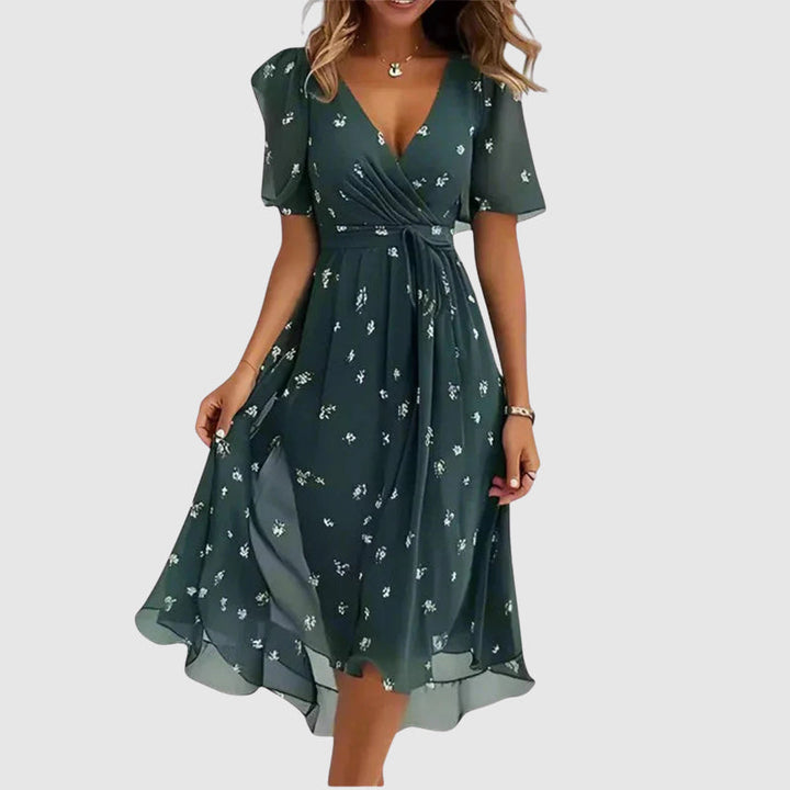 Martha | Ditsy Floral Wrap Womens Pleated Midi Dress with Flutter Sleeves