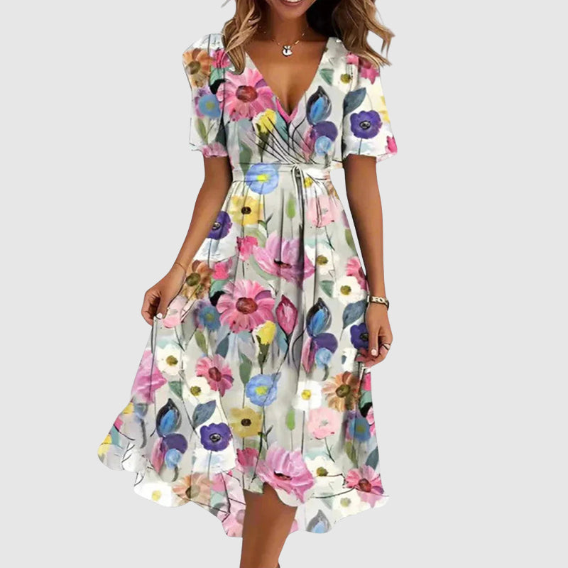 Martha | Ditsy Floral Wrap Womens Pleated Midi Dress with Flutter Sleeves
