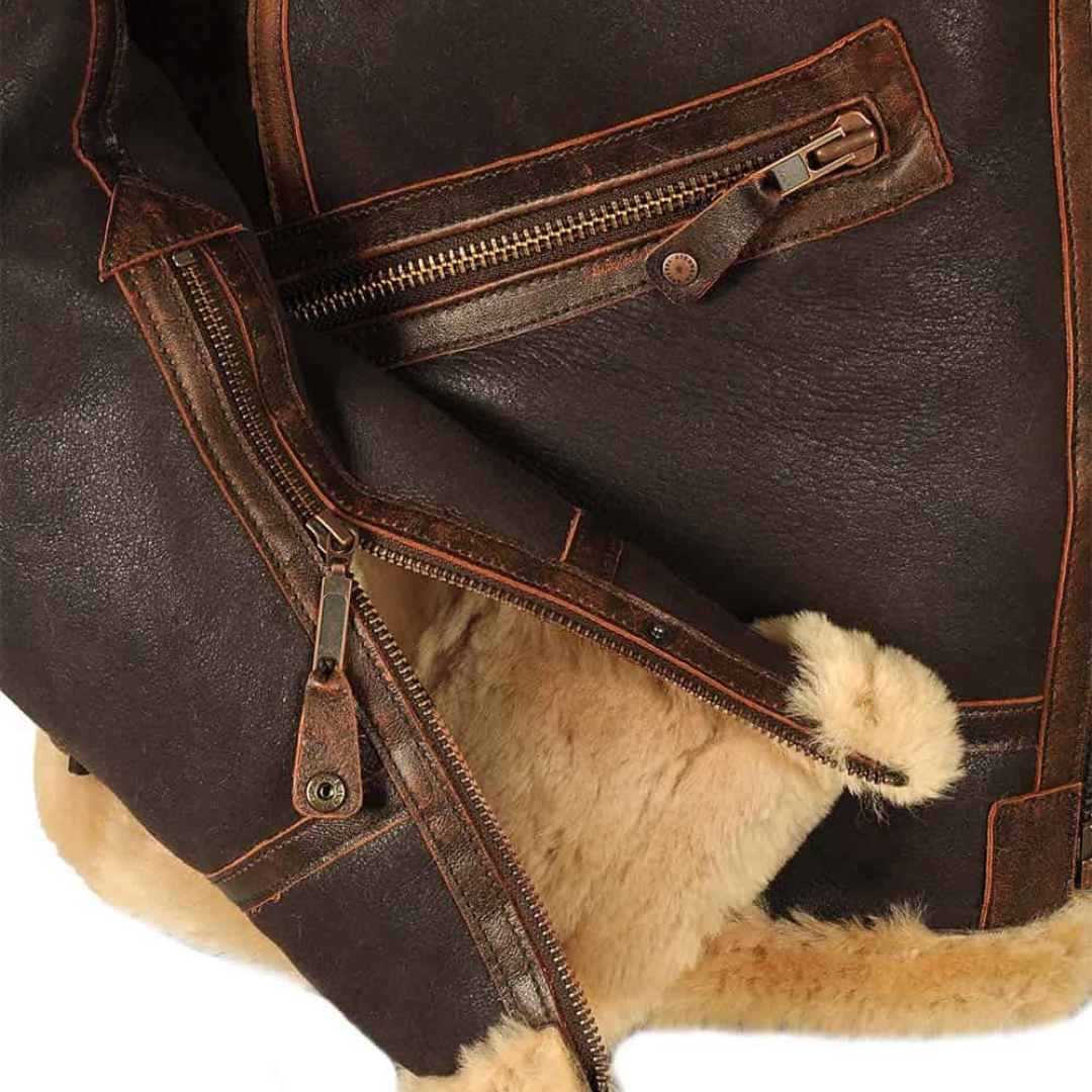 Aviator | Distressed Leather Bomber Jacket with Shearling Lining