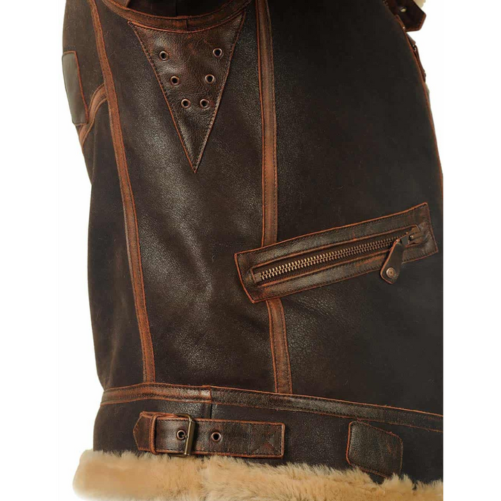 Aviator | Distressed Leather Bomber Jacket with Shearling Lining