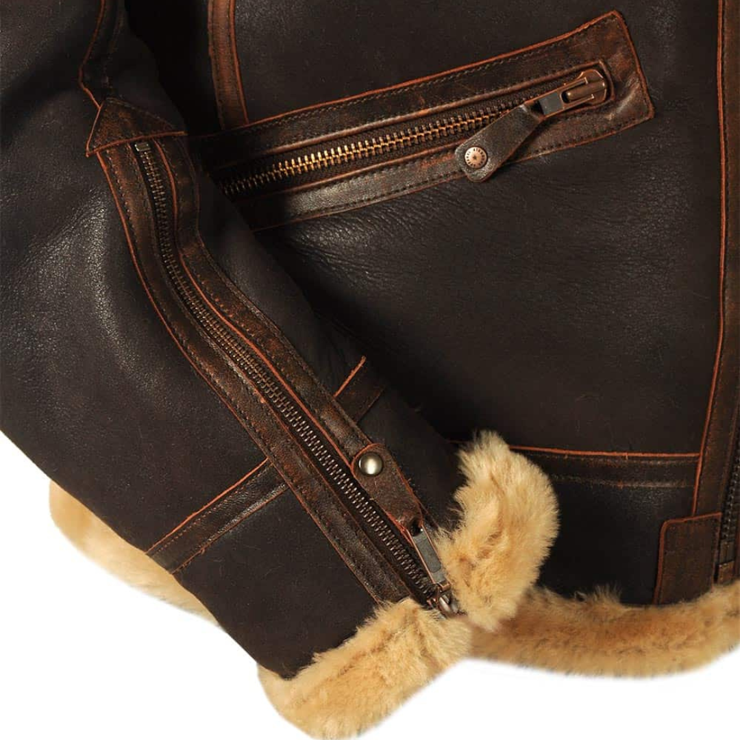 Aviator | Distressed Leather Bomber Jacket with Shearling Lining