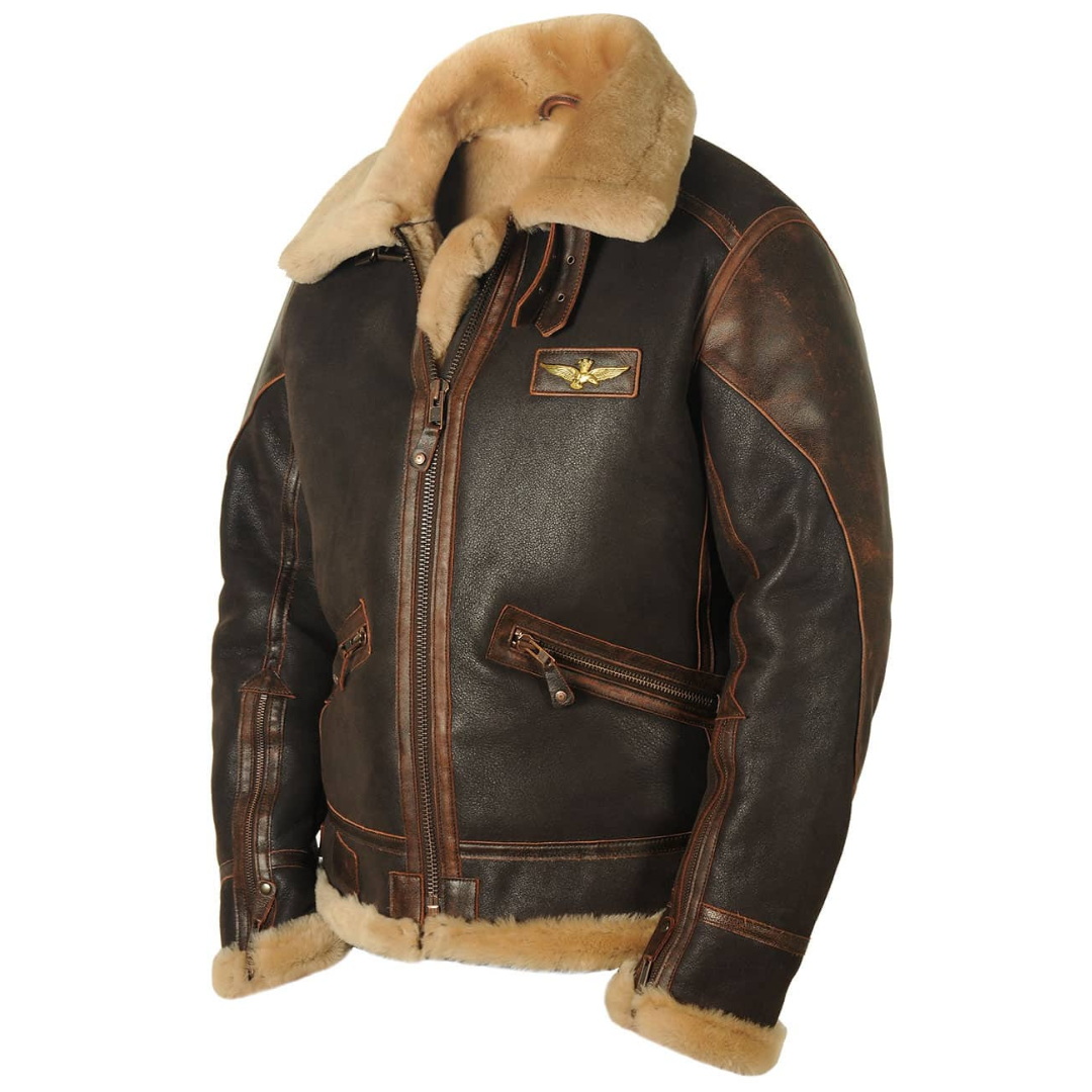 Aviator | Distressed Leather Bomber Jacket with Shearling Lining