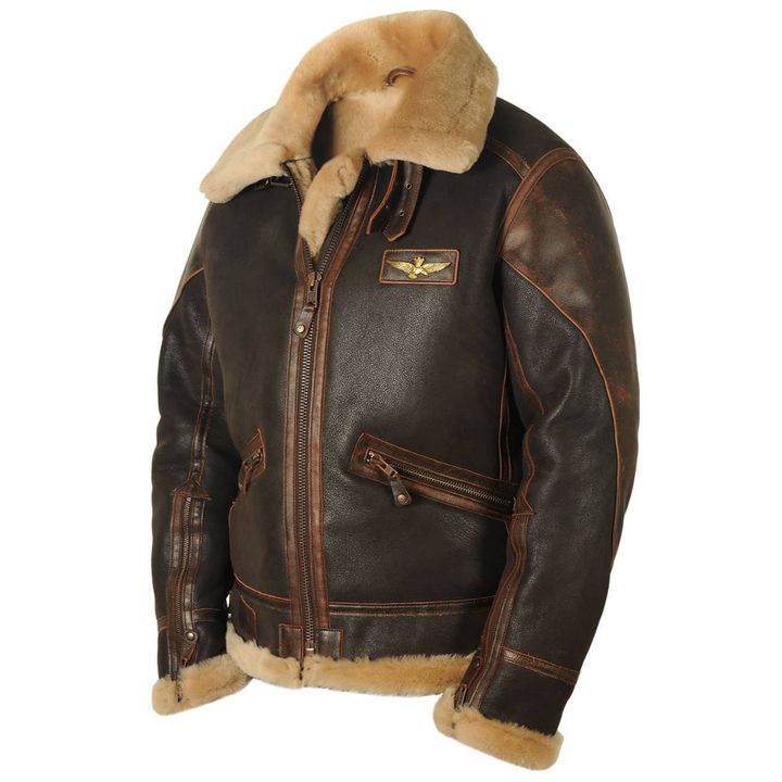Aviator | Distressed Leather Bomber Jacket with Shearling Lining