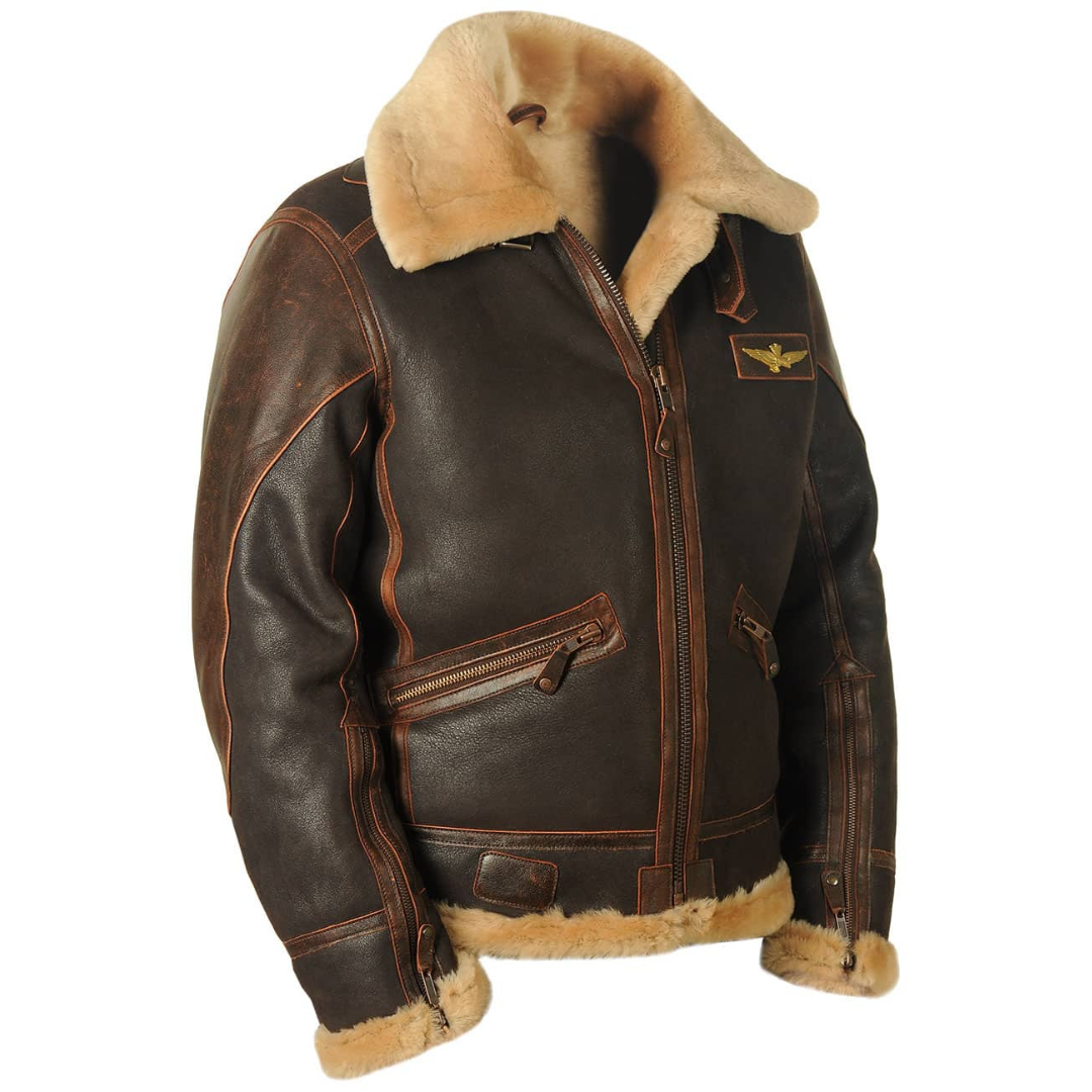 Aviator | Distressed Leather Bomber Jacket with Shearling Lining