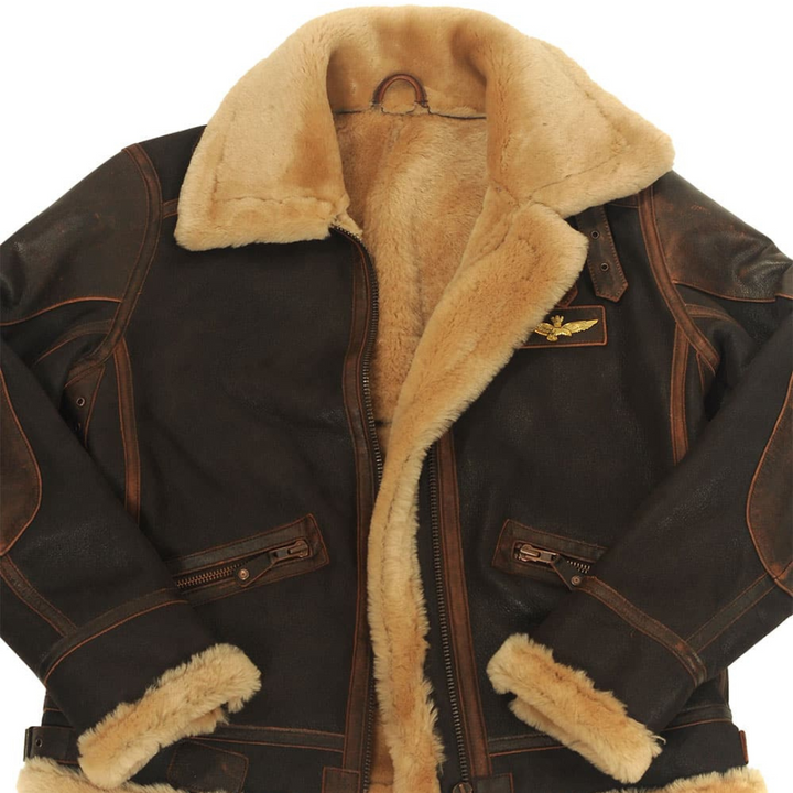Aviator | Distressed Leather Bomber Jacket with Shearling Lining