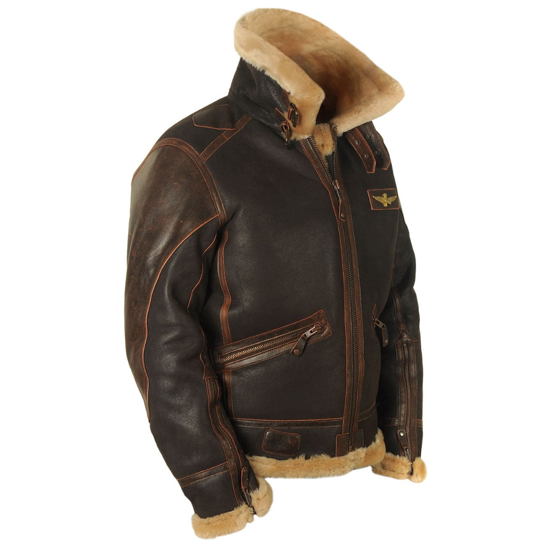 Aviator | Distressed Leather Bomber Jacket with Shearling Lining