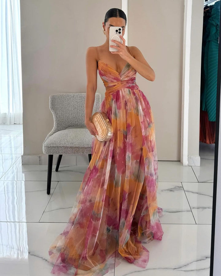 Mylène | Women's Tulle Watercolor Boho Floral Summer Dress