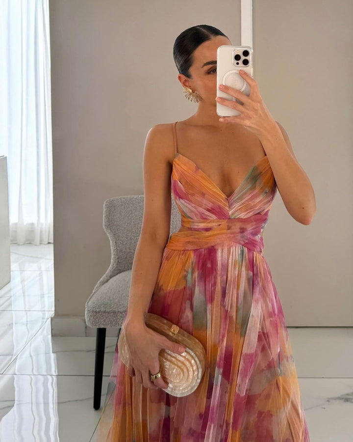 Mylène | Women's Tulle Watercolor Boho Floral Summer Dress