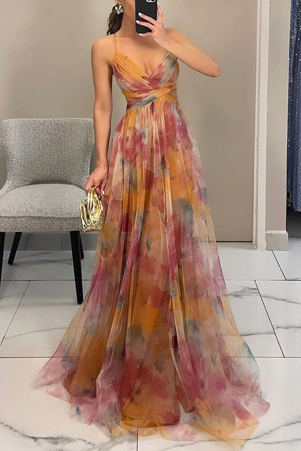 Mylène | Women's Tulle Watercolor Boho Floral Summer Dress