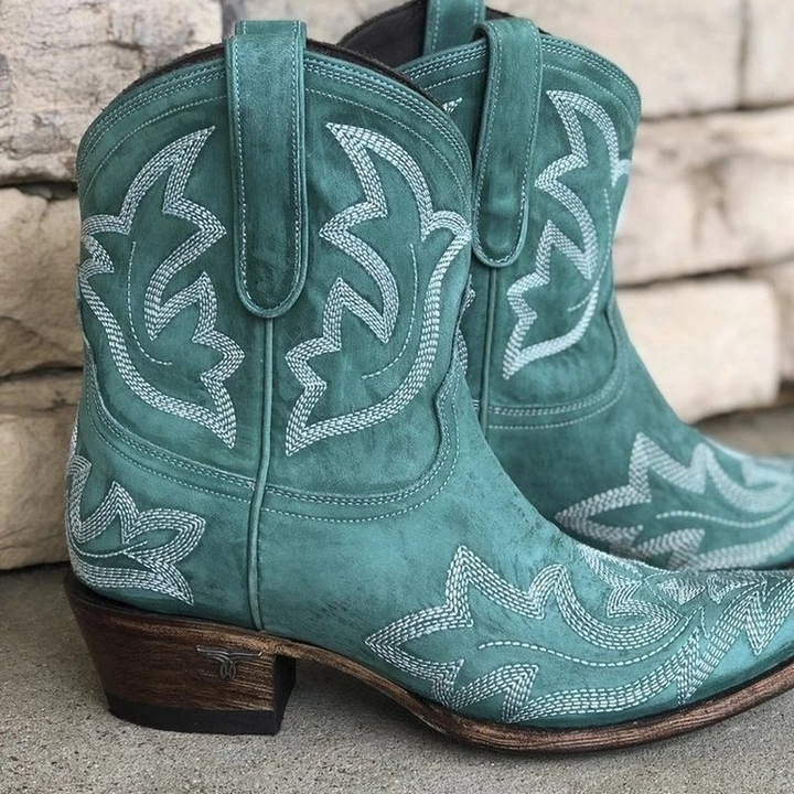 Turquoise | Contrast Embroidered Distressed Ankle Womens Cowboy Boots