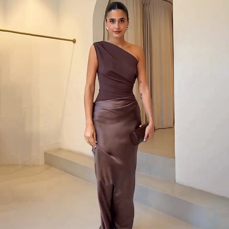 Thessaly | One Shoulder Ruched Satin Maxi Fall Wedding Guest Dress