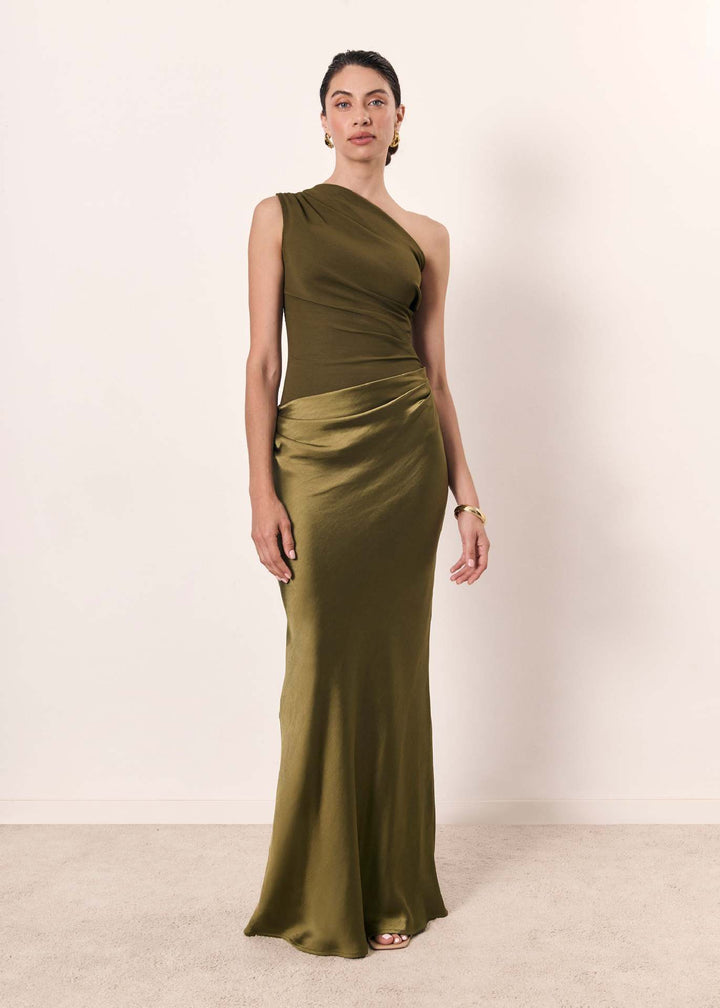 Thessaly | One Shoulder Ruched Satin Maxi Fall Wedding Guest Dress