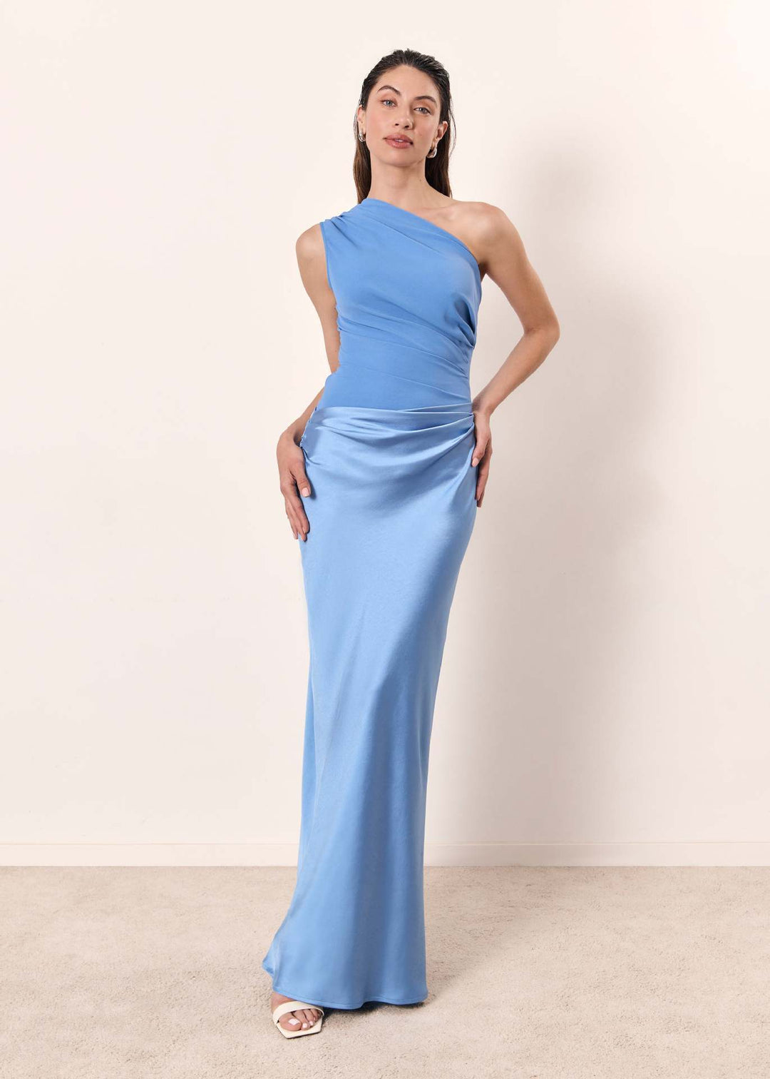 Thessaly | One Shoulder Ruched Satin Maxi Fall Wedding Guest Dress