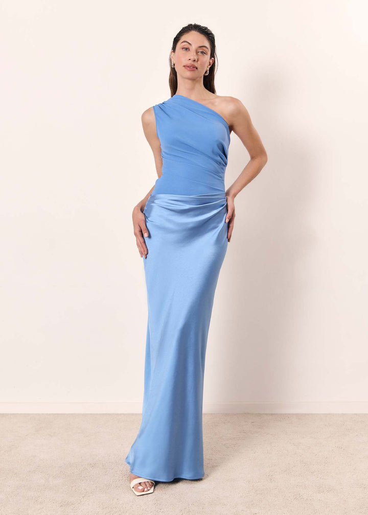 Thessaly | One Shoulder Ruched Satin Maxi Fall Wedding Guest Dress
