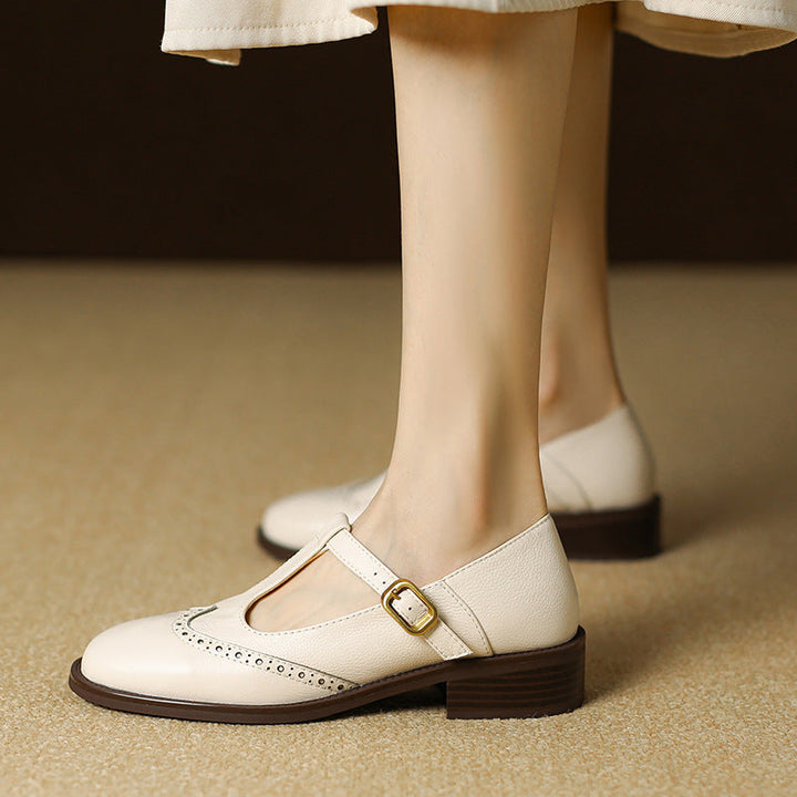 Beatrice | Pebbled Leather T-Bar Brogue Mary Jane Flats