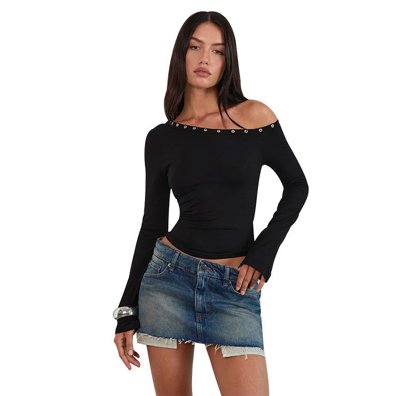 Rebel | Grommet Off Shoulder Crop Top – Women's Long Sleeve Going Out Top