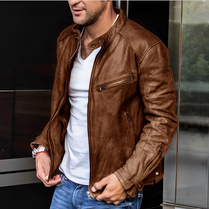 Ryker | Distressed Café Racer Leather Jacket with Contrast Zip Detail