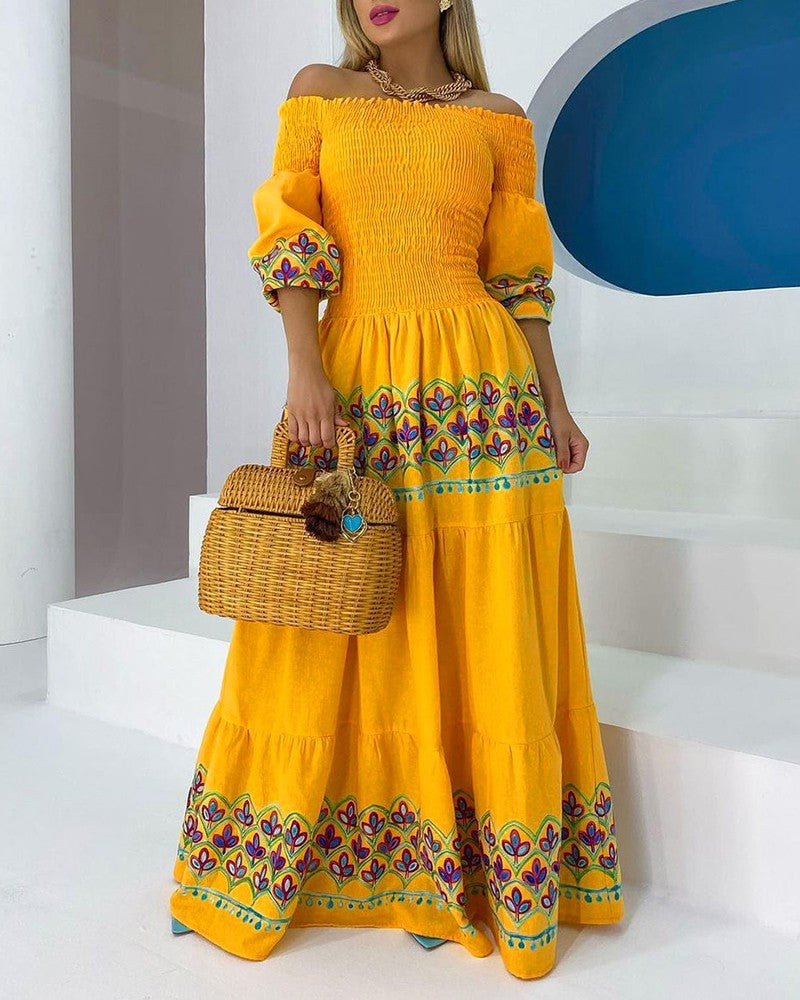 Marisol | Off-Shoulder Smocked Embroidered Boho Dress