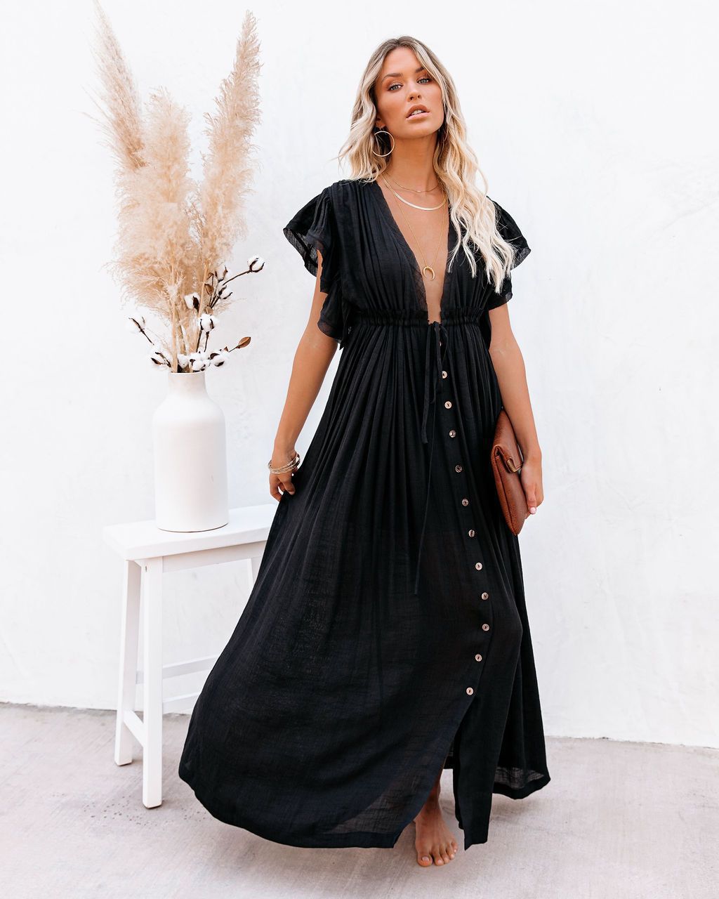 Ravenna | Deep V Button-Front Flutter Sleeve Boho Dress